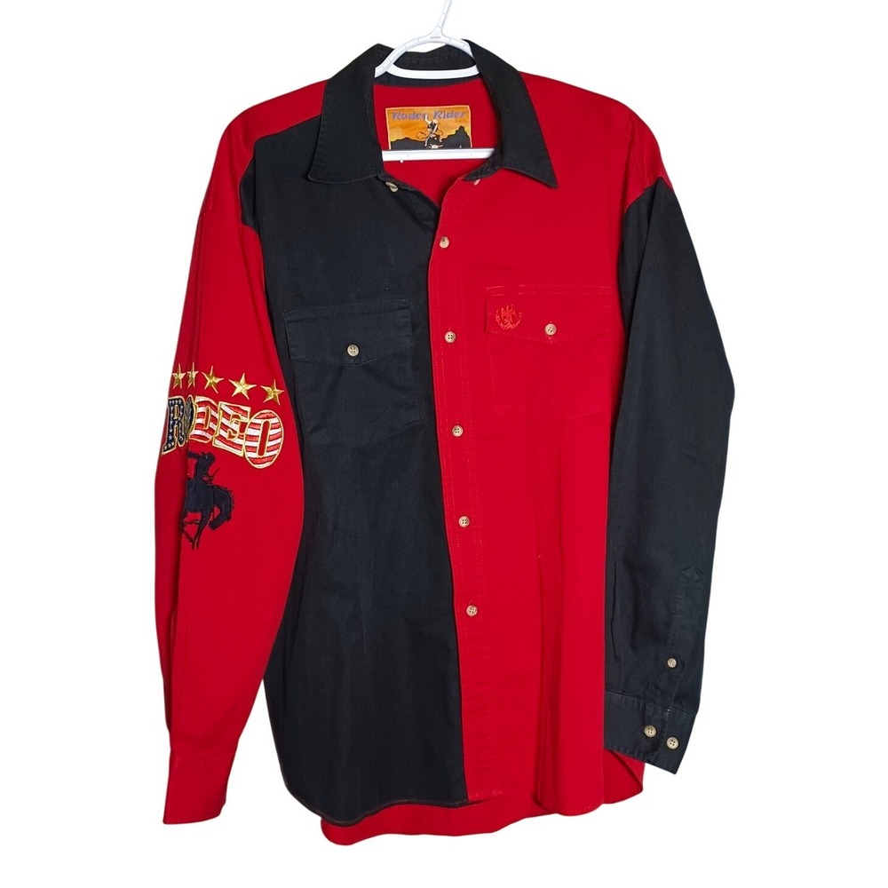 Rodeo Rider Red Black Colorblock Split Design L/S Embroidered Rodeo Star Cowboy - Picture 1 of 8